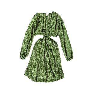 H&M Green Printed CUT Out Dress Sz Small Satin Pleat Bare Waist Knee Length